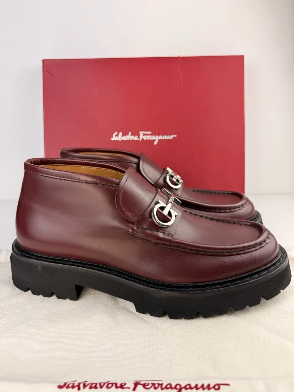 Salvatore Ferragamo Men’s Geffer 2 Gancini Leather Lug Sole Ankle Loafers 9.5M
